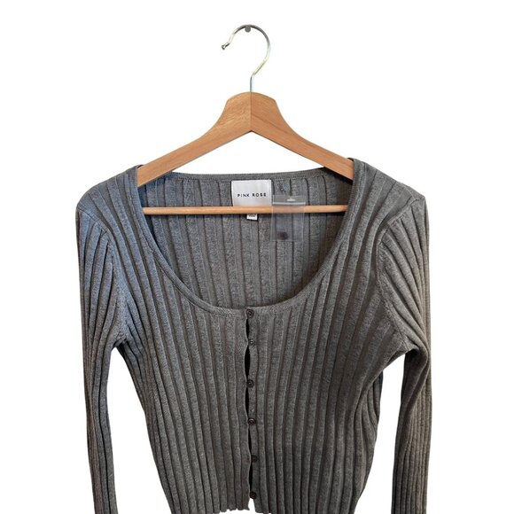 Pink Rose Gray Long Sleeve Sweater Ribbed Button Up Cardigan Women's Size M - Picture 2 of 6